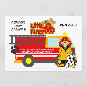 Boy Firefighter Fire Truck Birthday Invitation