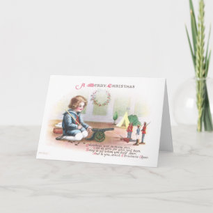 Boy Firing Cannon at Toy Soldiers at Christmas Holiday Card