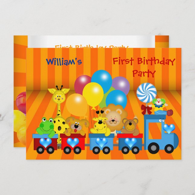 Boy First Birthday 1st Train Zoo Animals Party Invitation (Front/Back)