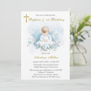  Boy First Birthday and Baptism Invitation