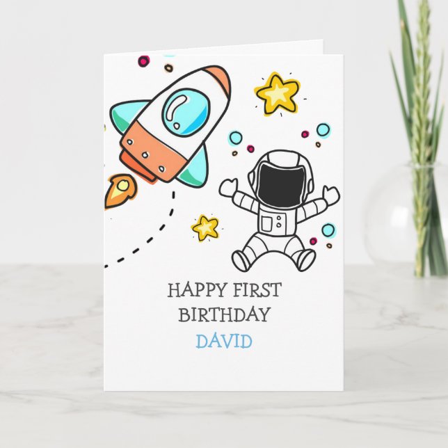 Boy First Birthday Astronaut Outer Space Rocket Card (Front)