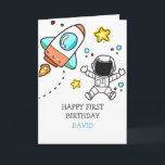 Boy First Birthday Astronaut Outer Space Rocket Card<br><div class="desc">Boy First Birthday Astronaut Outer Space Rocket</div>