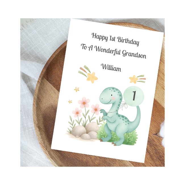 Boy First Birthday Blue Dinosaur Card (Creator Uploaded)
