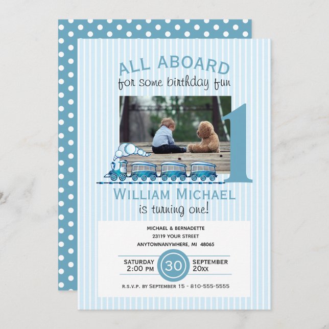 Boy First Birthday Blue Trains Photo Invitation (Front/Back)