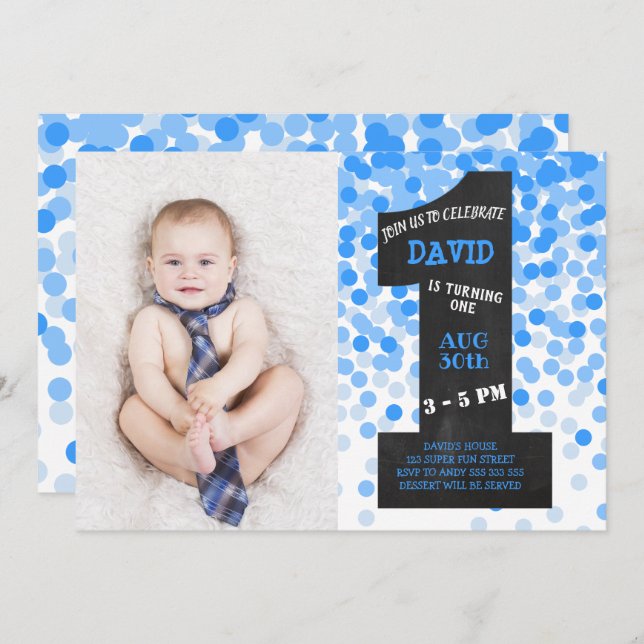 Boy First Birthday Chalkboard Confetti Photo Invitation (Front/Back)