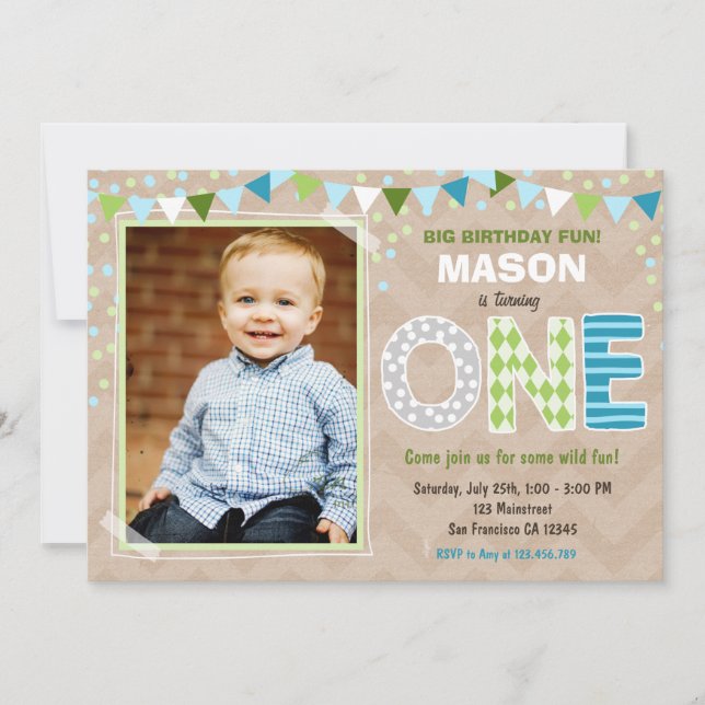 Boy First Birthday Chalkboard Invitation (Front)