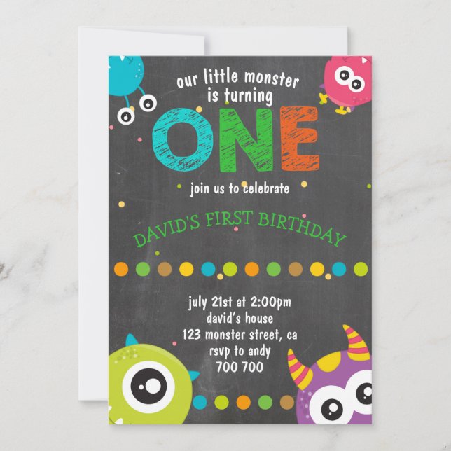 Boy First Birthday Chalkboard Monsters Cute Invitation (Front)