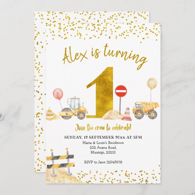 Boy First Birthday Construction Birthday Invitation (Front/Back)