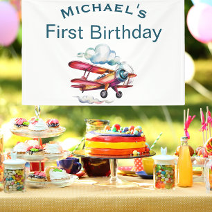 Boy First Birthday Custom Name Aeroplane Aviator Banner