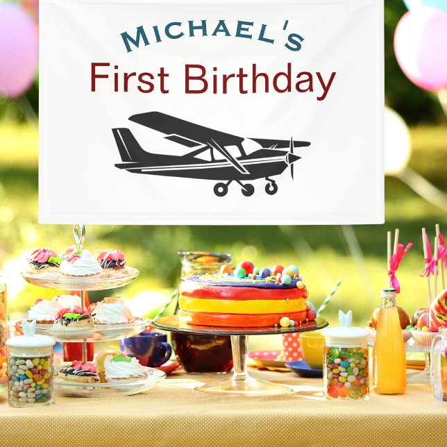 Boy First Birthday Custom Name Aeroplane Aviator Banner (Creator Uploaded)