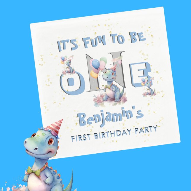Boy First Birthday Fun One Dinosaur Luncheon Napkin (Creator Uploaded)