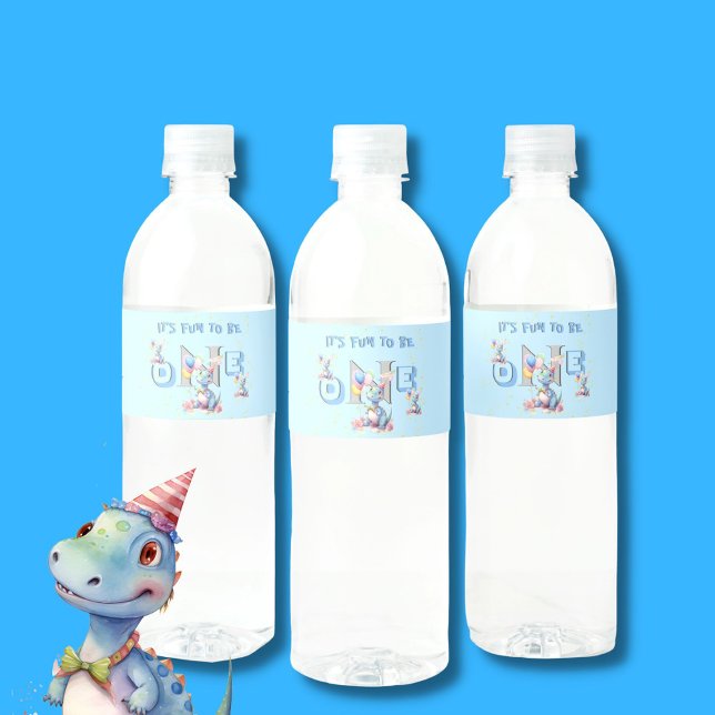 Boy First Birthday Fun One Dinosaur Luncheon Water Bottle Label (Creator Uploaded)