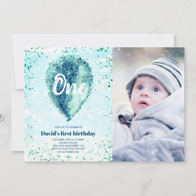 Boy First Birthday Glitter Blue Balloon Photo Invitation (Front)