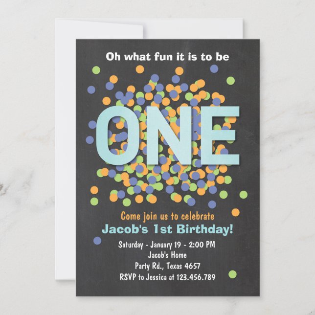 Boy First Birthday Invitation Confetti ONE blue (Front)
