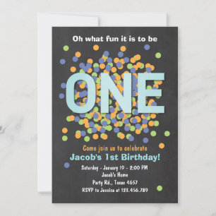 Boy First Birthday Invitation Confetti ONE blue