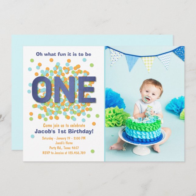 Boy First Birthday Invitation Confetti ONE blue (Front/Back)