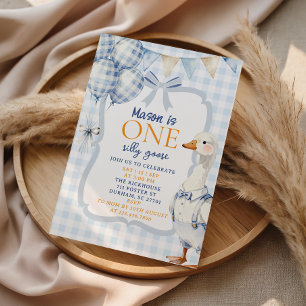 Boy First Birthday Invitation Silly Goose Blue