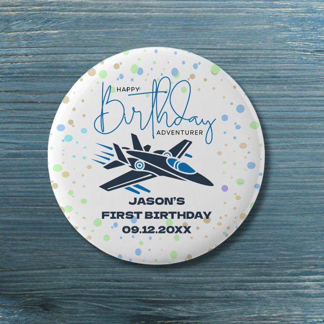 Boy First Birthday Jet Fighter Aeroplane Blue Whit 3 Cm Round Badge (Creator Uploaded)