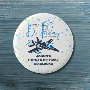 Boy First Birthday Jet Fighter Airplane Blue White 3 Cm Round Badge