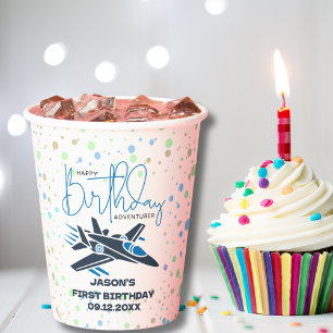 Boy First Birthday Jet Fighter Airplane Blue White Paper Cups