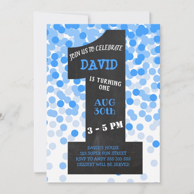 Boy First Birthday Modern Chalkboard Blue Confetti Invitation (Front)