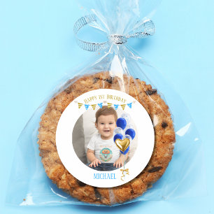 Boy First Birthday Photo Blue Gold Balloon Cute Classic Round Sticker