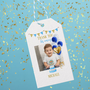 Boy First Birthday Photo Blue Gold Balloon Cute Gift Tags