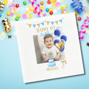 Boy First Birthday Photo Blue Gold Balloon Cute Napkin