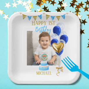 Boy First Birthday Photo Blue Gold Balloon Cute Paper Plate