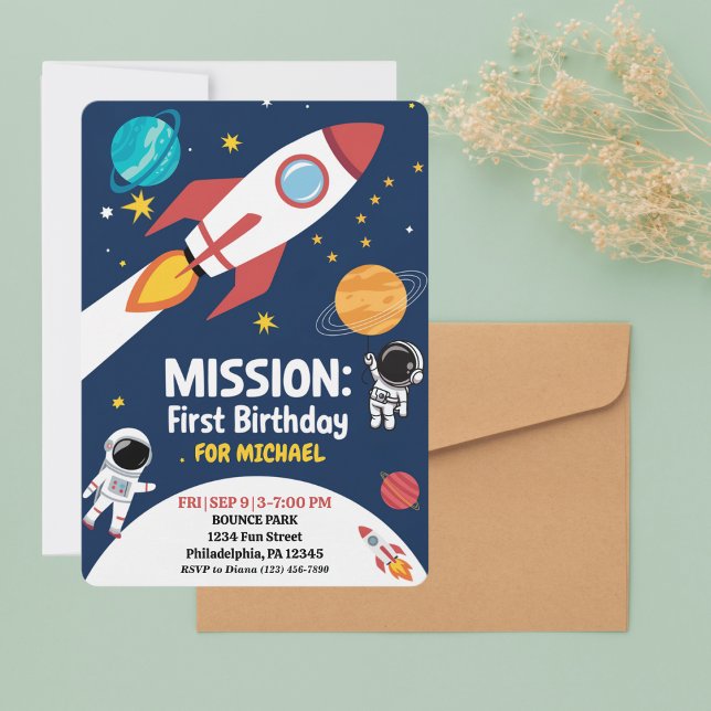Boy First Birthday Rocket Outer Space Astronaut Invitation (Creator Uploaded)