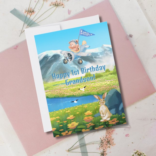 Boy First Birthday Teddy Bear Aeroplane Grandson  Holiday Card (Creator Uploaded)