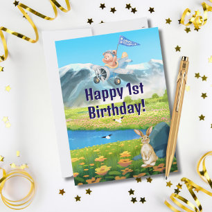 Boy First Birthday Teddy Bear Airplane Mountains Holiday Card