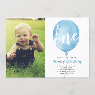 Boy First Birthday with Photo Blue Balloon Invitation