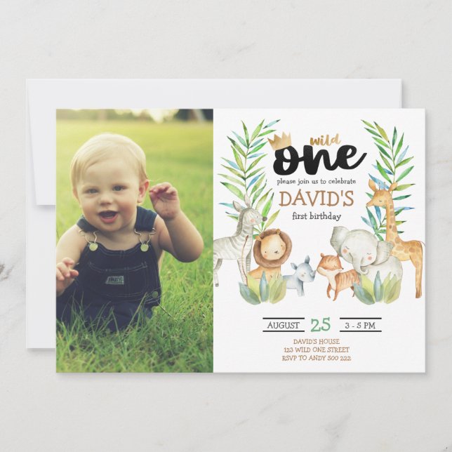 Boy First Birthday with Photo Safari Wild One Invitation (Front)