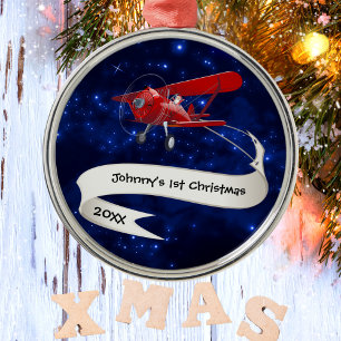 Boy First Christmas Aeroplane Santa Claus Aviation Metal Ornament