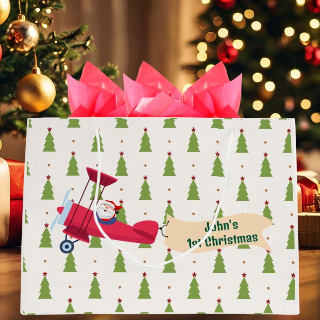 Boy First Christmas Aeroplane & Santa Custom Large Gift Bag (Creator Uploaded)