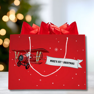 Boy First Christmas Aeroplane & Santa Custom Large Gift Bag