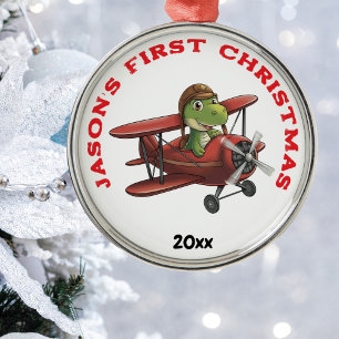 Boy First Christmas Cute Aeroplane dinosaur Metal Ornament