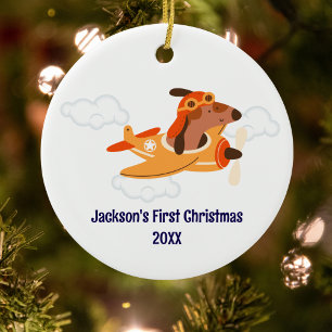 Boy First Christmas Dog Pilot Aeroplane Cloud Funn Ceramic Ornament