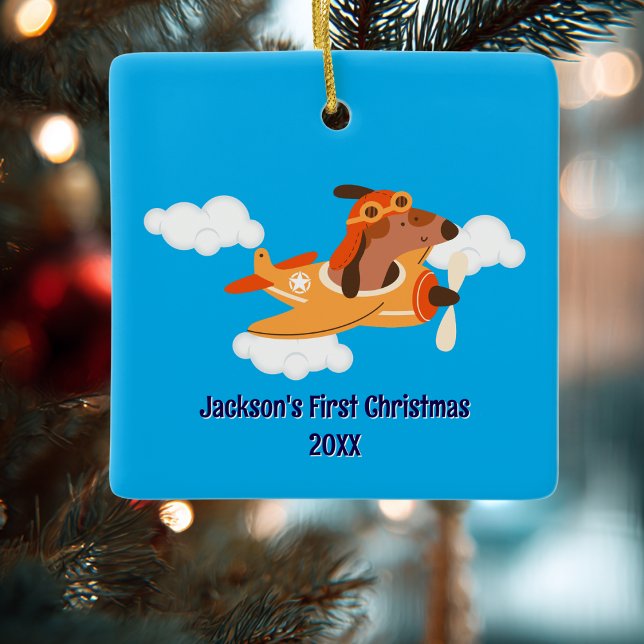 Boy First Christmas Dog Pilot Aeroplane Cloud Funn Ceramic Ornament (Creator Uploaded)