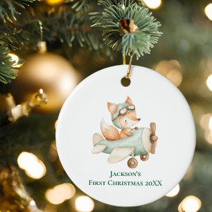 Boy First Christmas Fox Pilot Aeroplane Aviation Ceramic Ornament