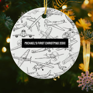 Boy First Christmas Hand Drawn Aeroplanes Aviation Ceramic Ornament