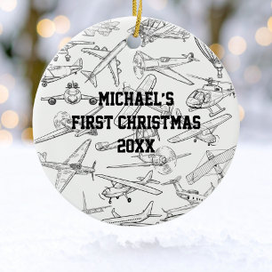 Boy First Christmas Hand Drawn Aeroplanes Photo Ceramic Ornament