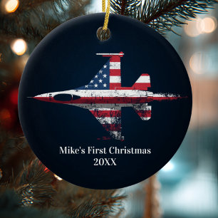 Boy First Christmas Jet Fighter US Aeroplane Custo Ceramic Ornament