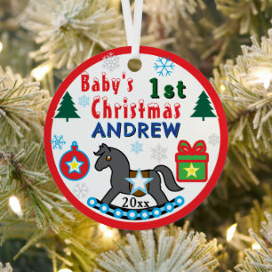 Boy First Christmas PHOTO Grey Horse Metal Tree Decoration