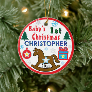 Boy First Christmas PHOTO Rocking Horse Ceramic Ornament