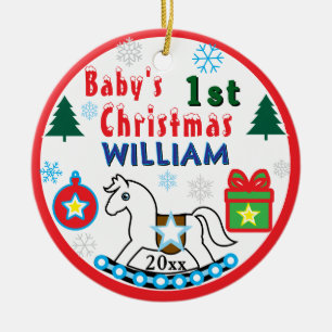 Boy First Christmas PHOTO White Horse  Ceramic Ornament
