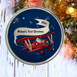 Boy First Christmas Santa Aeroplane Personalised  Metal Ornament