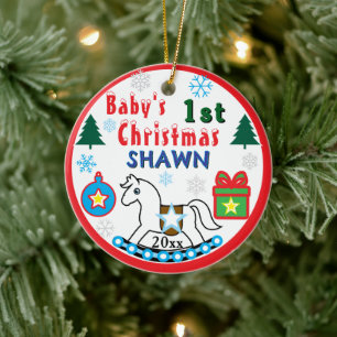 Boy First Christmas White Horse Peace Ceramic Ornament