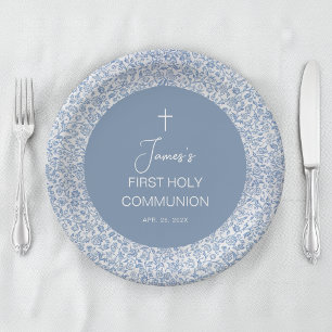Boy First Communion Blue and White Floral Pattern Paper Plate